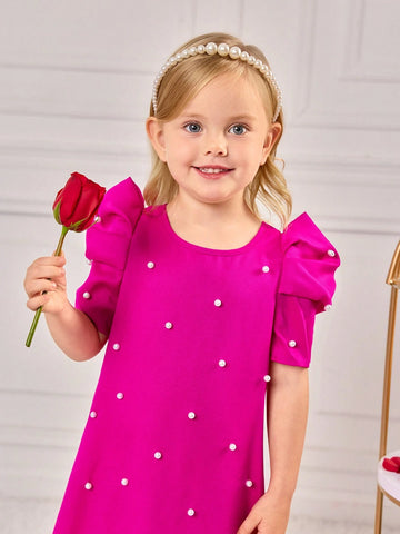 Young Girls & Young Girl Casual Matching Mother-Daughterl Pearls Beaded Puff Sleeve Dress
