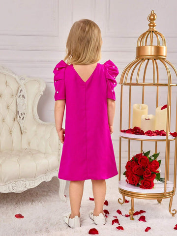 Young Girls & Young Girl Casual Matching Mother-Daughterl Pearls Beaded Puff Sleeve Dress