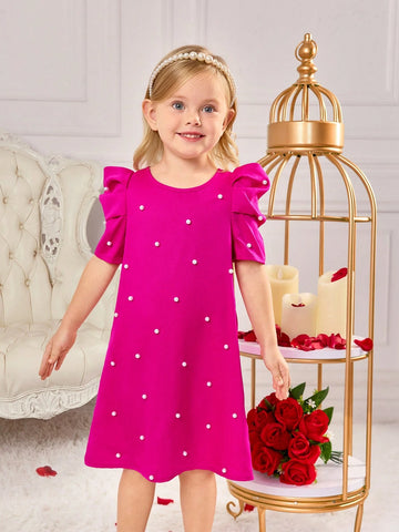 Young Girls & Young Girl Casual Matching Mother-Daughterl Pearls Beaded Puff Sleeve Dress