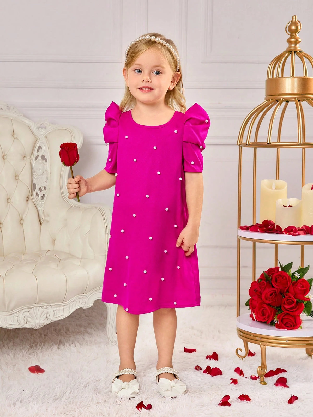 Young Girls & Young Girl Casual Matching Mother-Daughterl Pearls Beaded Puff Sleeve Dress