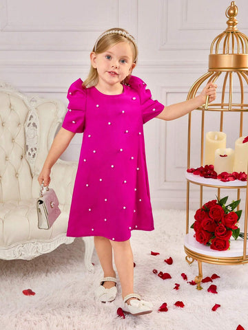 Young Girls & Young Girl Casual Matching Mother-Daughterl Pearls Beaded Puff Sleeve Dress