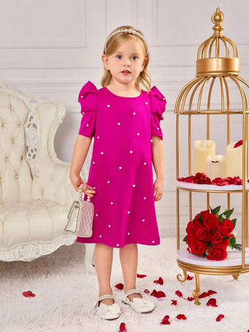 Young Girls & Young Girl Casual Matching Mother-Daughterl Pearls Beaded Puff Sleeve Dress