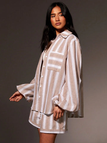 Women Cotton Stripe Pocket Detail Shirt,