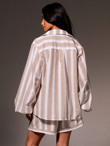 Women Cotton Stripe Pocket Detail Shirt,