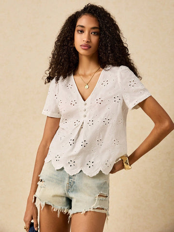 Women's Burnout Embroidered V-Neck Puff Sleeve Button Shirt