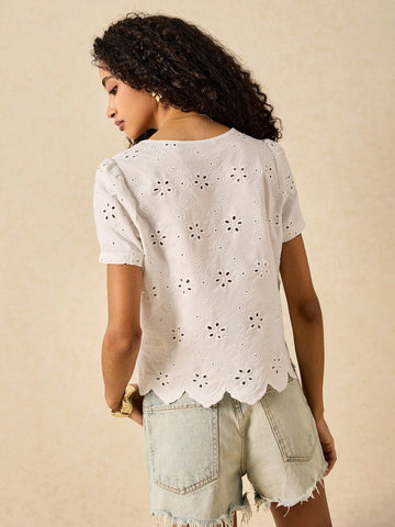 Women's Burnout Embroidered V-Neck Puff Sleeve Button Shirt