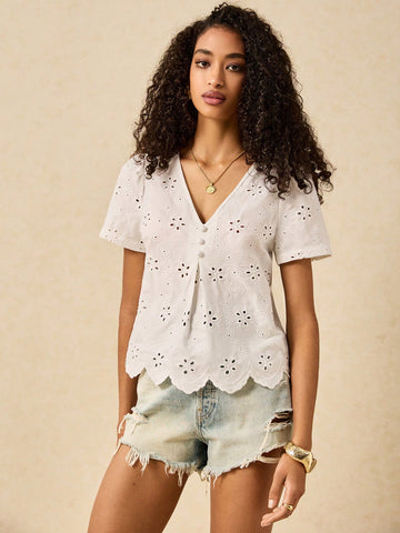 Women's Burnout Embroidered V-Neck Puff Sleeve Button Shirt