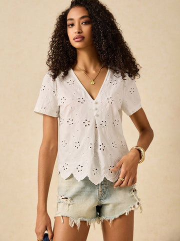 Women's Burnout Embroidered V-Neck Puff Sleeve Button Shirt
