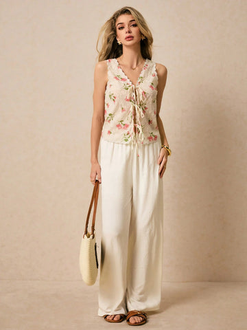 Women's Vacation Casual Floral Print Tie Front Sleeveless Shirt