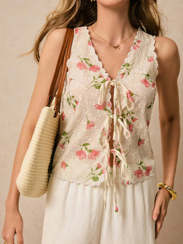 Women's Vacation Casual Floral Print Tie Front Sleeveless Shirt