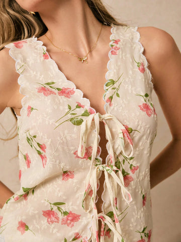 Women's Vacation Casual Floral Print Tie Front Sleeveless Shirt