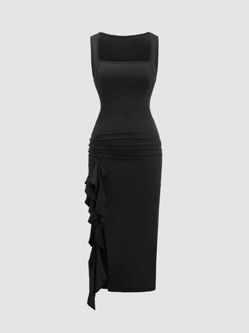 Sonza SHEIN MOD Women Elegant Asymmetrical Ruffled Hem Slit Dress