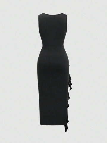 Sonza SHEIN MOD Women Elegant Asymmetrical Ruffled Hem Slit Dress