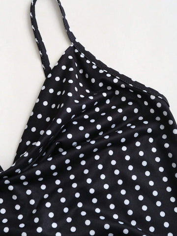 Sonza SHEIN MOD Women's Elegant Polka Dot Ruffle Hem Maxi Dress With Spaghetti Straps, Summer
