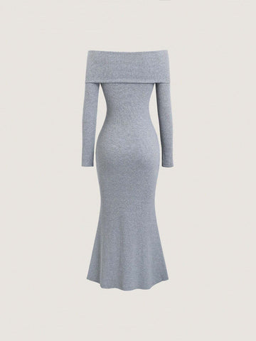Sonza SHEIN MOD Women's Solid Color Off-Shoulder Form Fitting Elegant Long Sleeve Dress