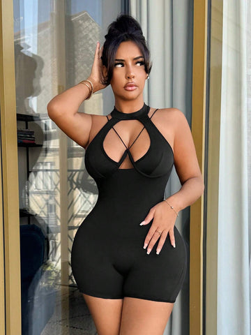 Solid Color Hollow Out Front Sleeveless Backless Unitard, Summer Sexy