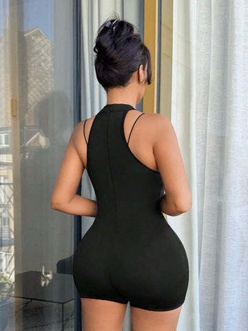 Solid Color Hollow Out Front Sleeveless Backless Unitard, Summer Sexy