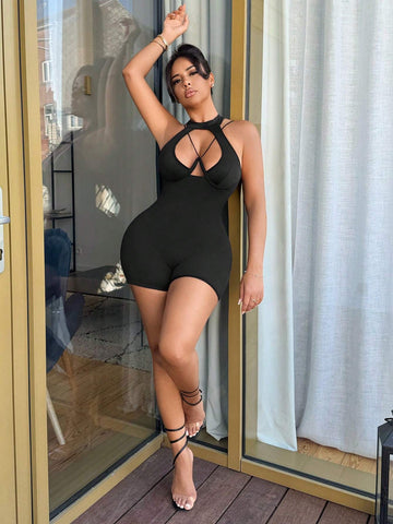 Solid Color Hollow Out Front Sleeveless Backless Unitard, Summer Sexy