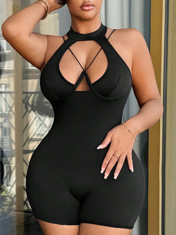 Solid Color Hollow Out Front Sleeveless Backless Unitard, Summer Sexy