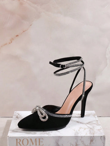 Women's Elegant Dazzling Rhinestone Bow And Lace-Up Ankle Wrap Stiletto Heel Pumps, Textured Black, Sexy And Alluring, Comfortable