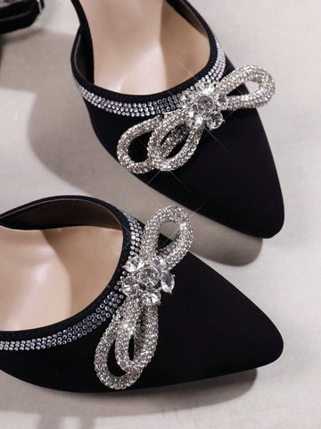 Women's Elegant Dazzling Rhinestone Bow And Lace-Up Ankle Wrap Stiletto Heel Pumps, Textured Black, Sexy And Alluring, Comfortable