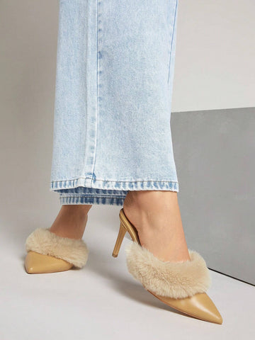 Women's Fashion Pointed Toe Plush Design High Heel Shoes