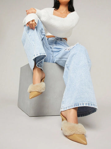 Women's Fashion Pointed Toe Plush Design High Heel Shoes