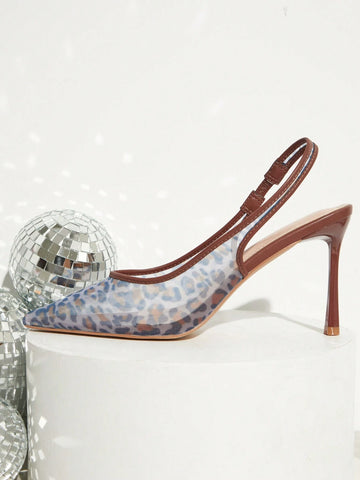 Women's Leopard See Through Mesh Pointy Toe Pumps