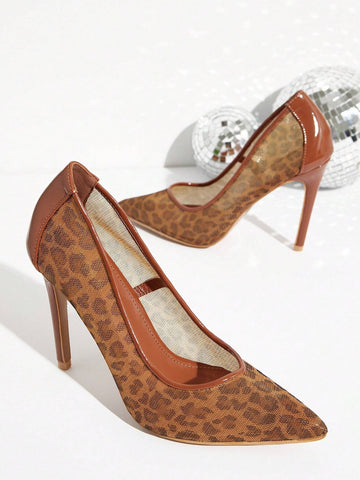 Women's Mesh Leopard Print Stiletto High Heel Trendy Pump Shoes Halloween Christmas Fall Winter