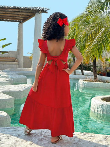 Young Girl Vacation Casual Fashion Woven Solid Color Backless Dress