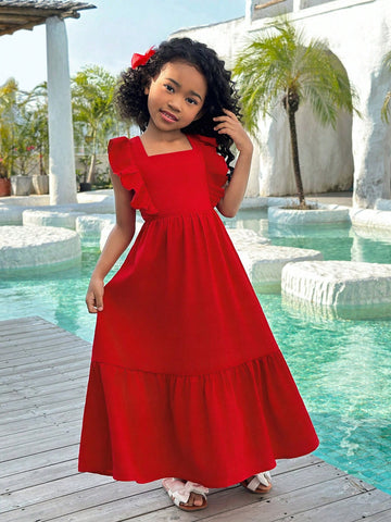 Young Girl Vacation Casual Fashion Woven Solid Color Backless Dress