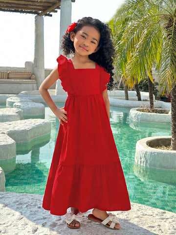 Young Girl Vacation Casual Fashion Woven Solid Color Backless Dress