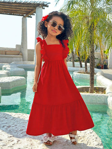 Young Girl Vacation Casual Fashion Woven Solid Color Backless Dress