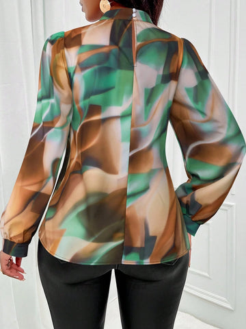 Women Tie Dye Print Stand-Collar Puff Long Sleeve Elegant Shirt