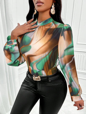 Women Tie Dye Print Stand-Collar Puff Long Sleeve Elegant Shirt