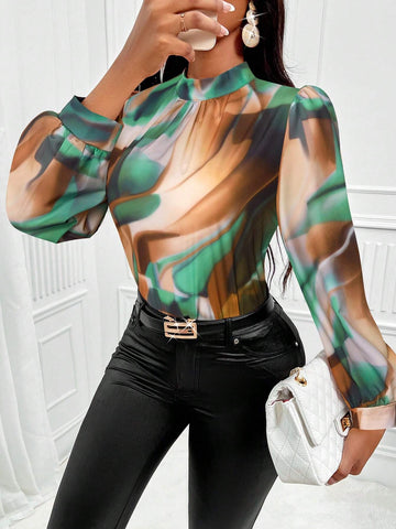 Women Tie Dye Print Stand-Collar Puff Long Sleeve Elegant Shirt