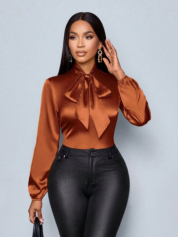 Autumn Women's Clothing Ginger Woven Daytime Daily Commuting Work Street Stand Collar Tie At Neckline Long Sleeves Elastic Cuffs Women's Shirt