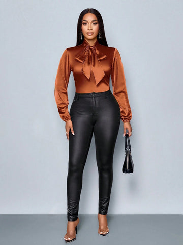 Autumn Women's Clothing Ginger Woven Daytime Daily Commuting Work Street Stand Collar Tie At Neckline Long Sleeves Elastic Cuffs Women's Shirt