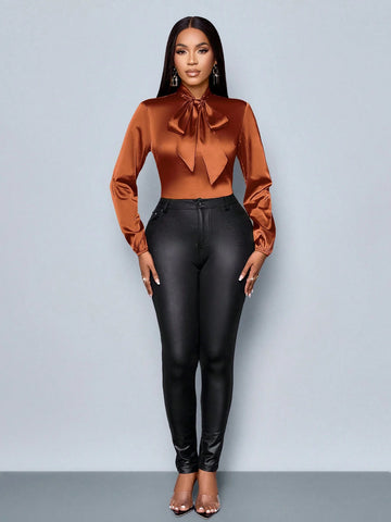 Autumn Women's Clothing Ginger Woven Daytime Daily Commuting Work Street Stand Collar Tie At Neckline Long Sleeves Elastic Cuffs Women's Shirt