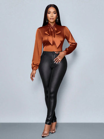 Autumn Women's Clothing Ginger Woven Daytime Daily Commuting Work Street Stand Collar Tie At Neckline Long Sleeves Elastic Cuffs Women's Shirt