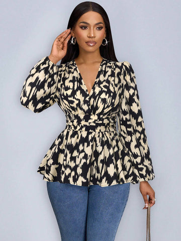 Heart Print Wrap Neckline Lantern Sleeve Blouse With Ruffle Hem