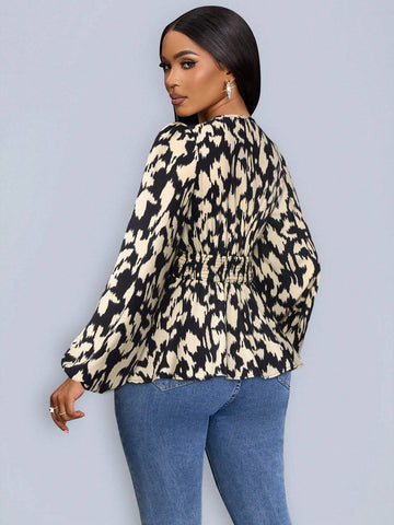 Heart Print Wrap Neckline Lantern Sleeve Blouse With Ruffle Hem