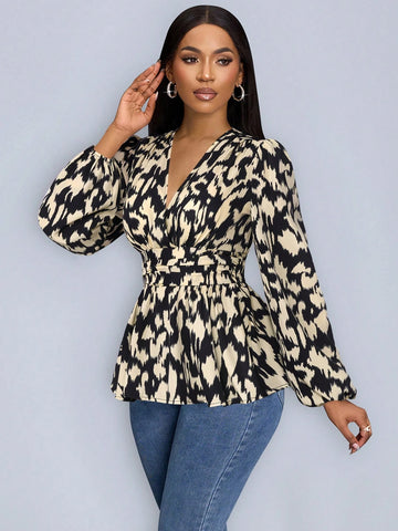Heart Print Wrap Neckline Lantern Sleeve Blouse With Ruffle Hem