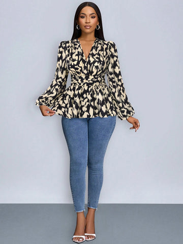 Heart Print Wrap Neckline Lantern Sleeve Blouse With Ruffle Hem