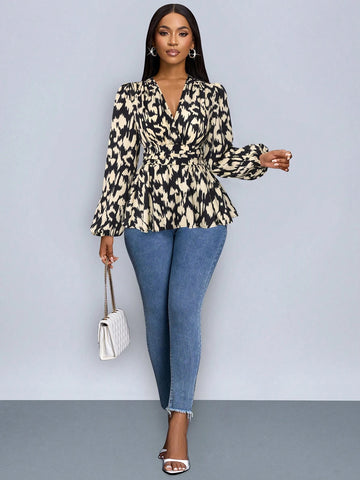 Heart Print Wrap Neckline Lantern Sleeve Blouse With Ruffle Hem