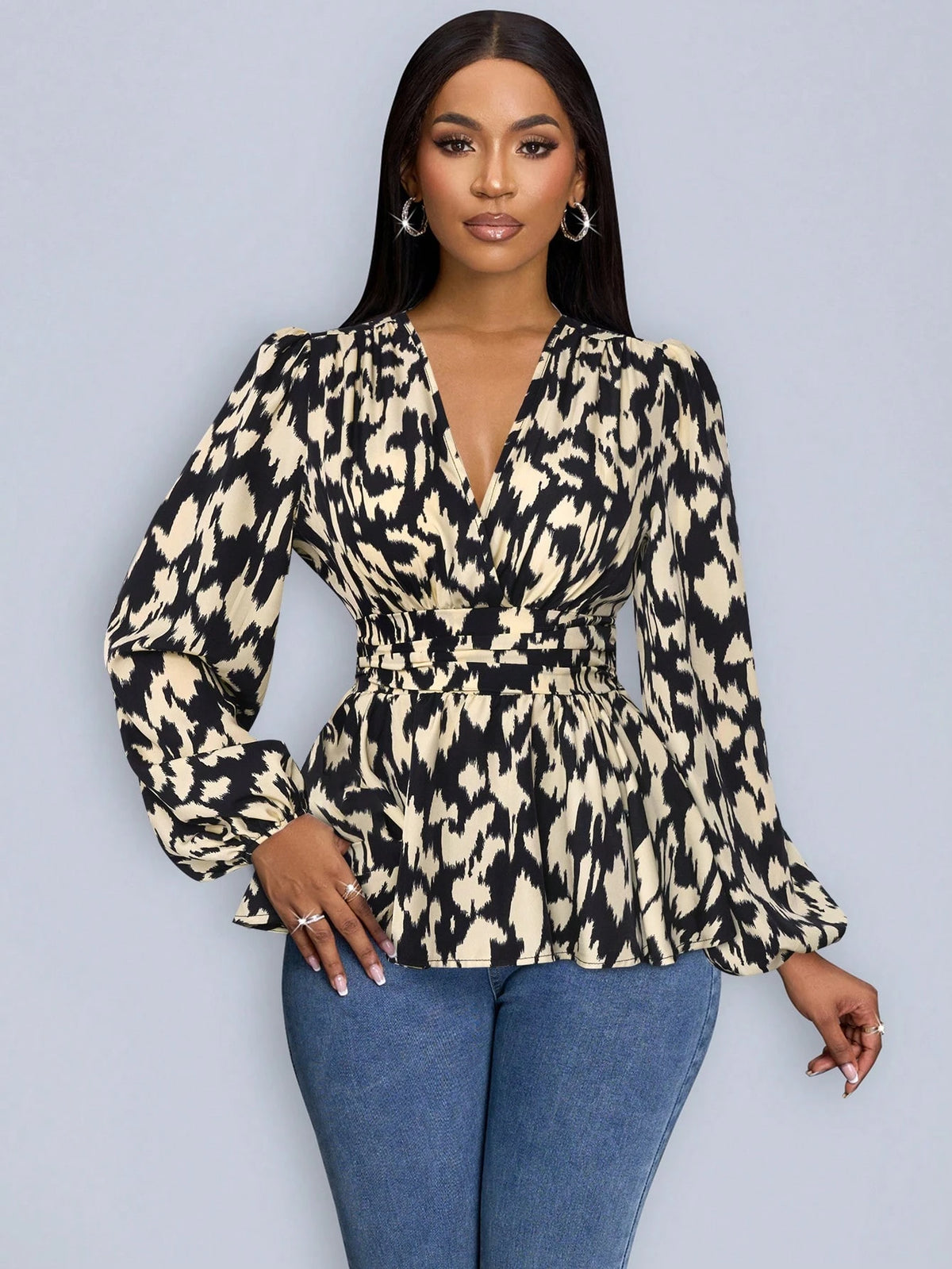 Heart Print Wrap Neckline Lantern Sleeve Blouse With Ruffle Hem
