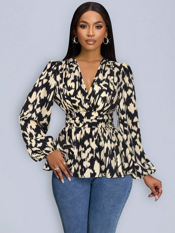 Heart Print Wrap Neckline Lantern Sleeve Blouse With Ruffle Hem