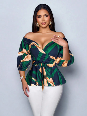 One-Shoulder Elegant Sexy Casual Office Business Bohemian Floral Print Blouse