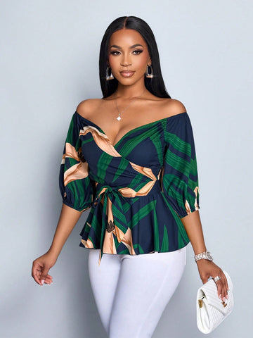 One-Shoulder Elegant Sexy Casual Office Business Bohemian Floral Print Blouse