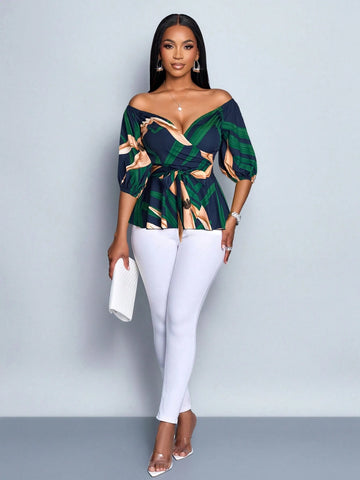 One-Shoulder Elegant Sexy Casual Office Business Bohemian Floral Print Blouse